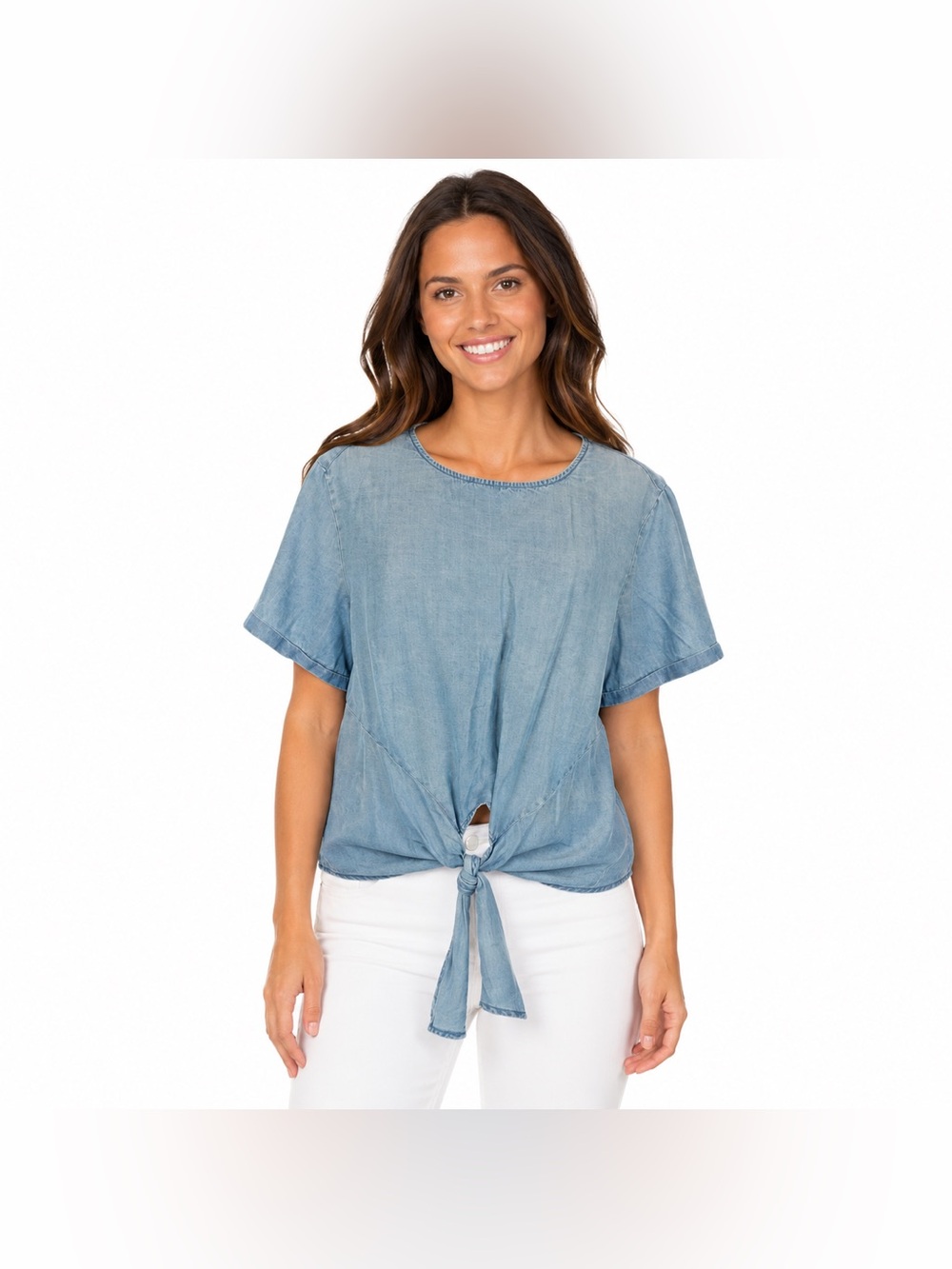 Velvet Heart Women’s XL Blue Chambray Tie Front Top Short Sleeve 100% Lyocell